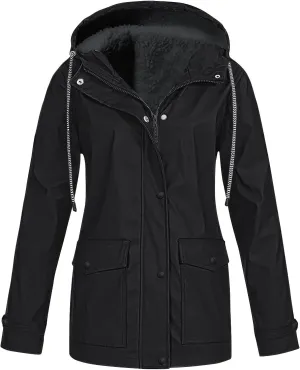 Women's Lightweight Waterproof Fleece Lined Hooded Softshell Rain Jacket, Outdoor Warm Windbreaker Long Coat