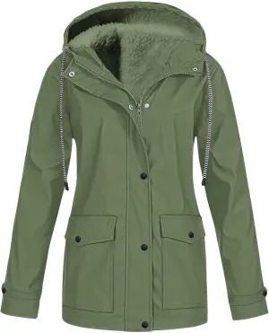 Women's Lightweight Waterproof Fleece Lined Hooded Softshell Rain Jacket, Outdoor Warm Windbreaker Long Coat