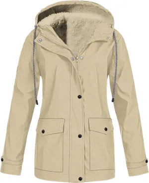 Women's Lightweight Waterproof Fleece Lined Hooded Softshell Rain Jacket, Outdoor Warm Windbreaker Long Coat