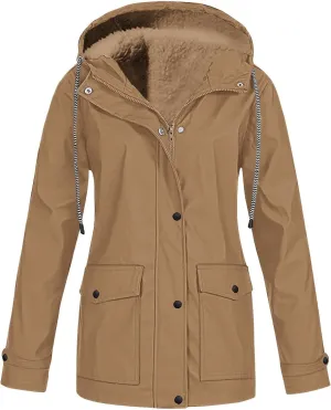 Women's Lightweight Waterproof Fleece Lined Hooded Softshell Rain Jacket, Outdoor Warm Windbreaker Long Coat