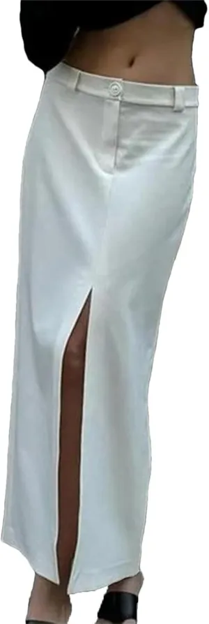 Women's Midi Skirts Elegant Office Front Back Slit Button Mid Waist Ankle Length Skirt