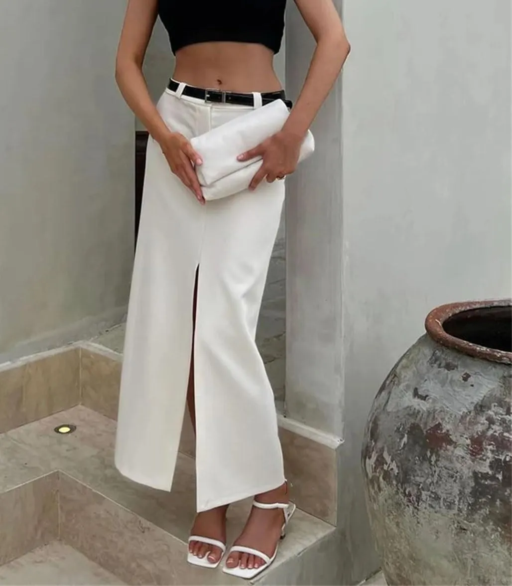Women's Midi Skirts Elegant Office Front Back Slit Button Mid Waist Ankle Length Skirt