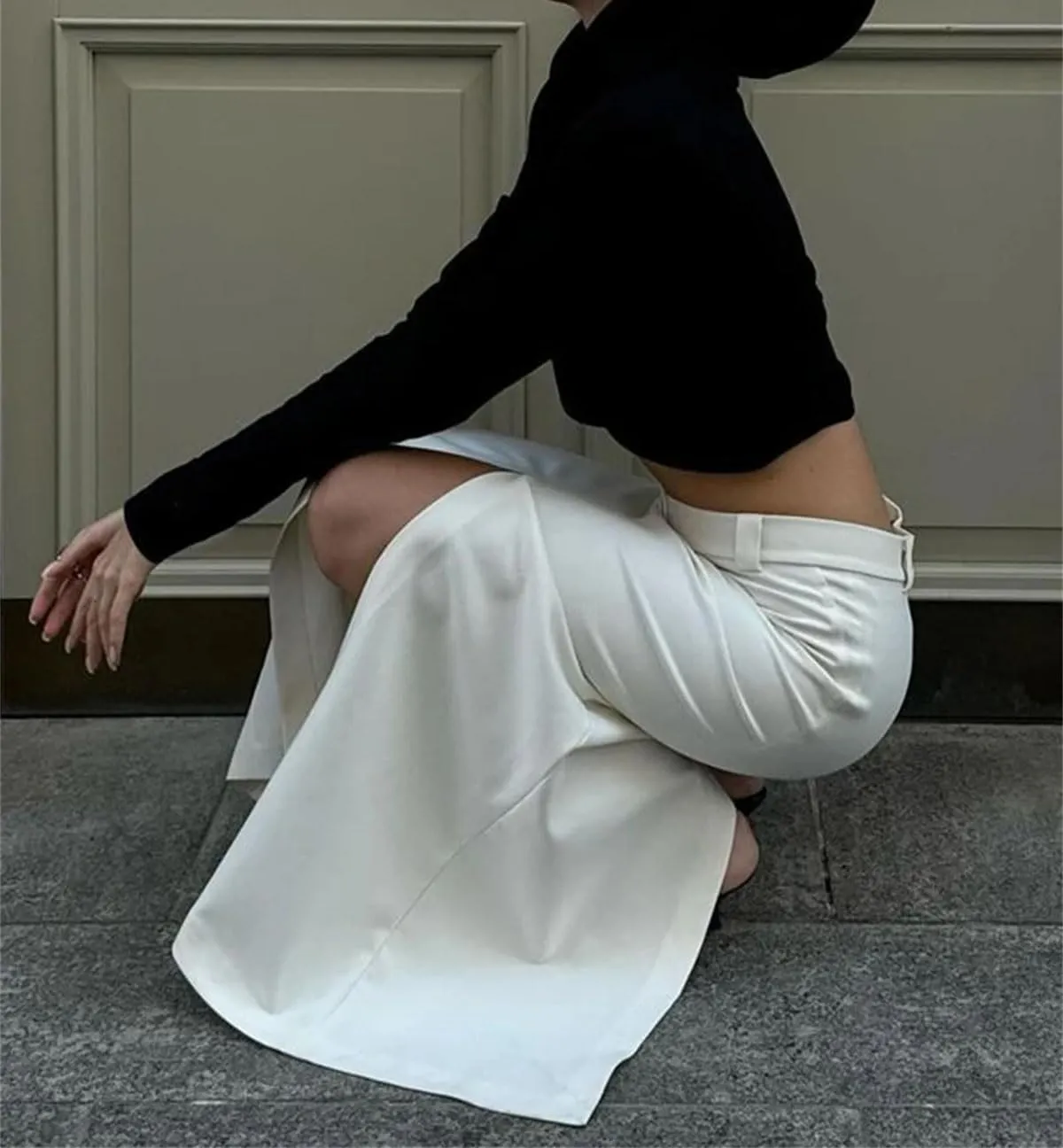 Women's Midi Skirts Elegant Office Front Back Slit Button Mid Waist Ankle Length Skirt