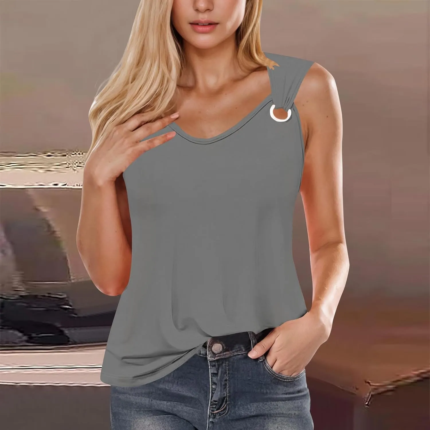 Womens O-Ring Shoulder Tank Tops 2025 Summer T Shirts Scoop Neck Sleeveless Casual Loose Blouses
