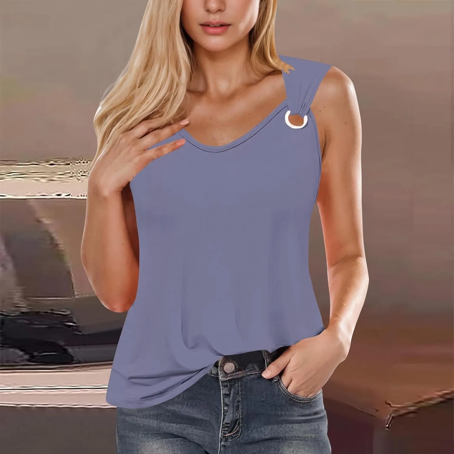 Womens O-Ring Shoulder Tank Tops 2025 Summer T Shirts Scoop Neck Sleeveless Casual Loose Blouses