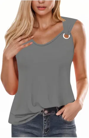 Womens O-Ring Shoulder Tank Tops 2025 Summer T Shirts Scoop Neck Sleeveless Casual Loose Blouses