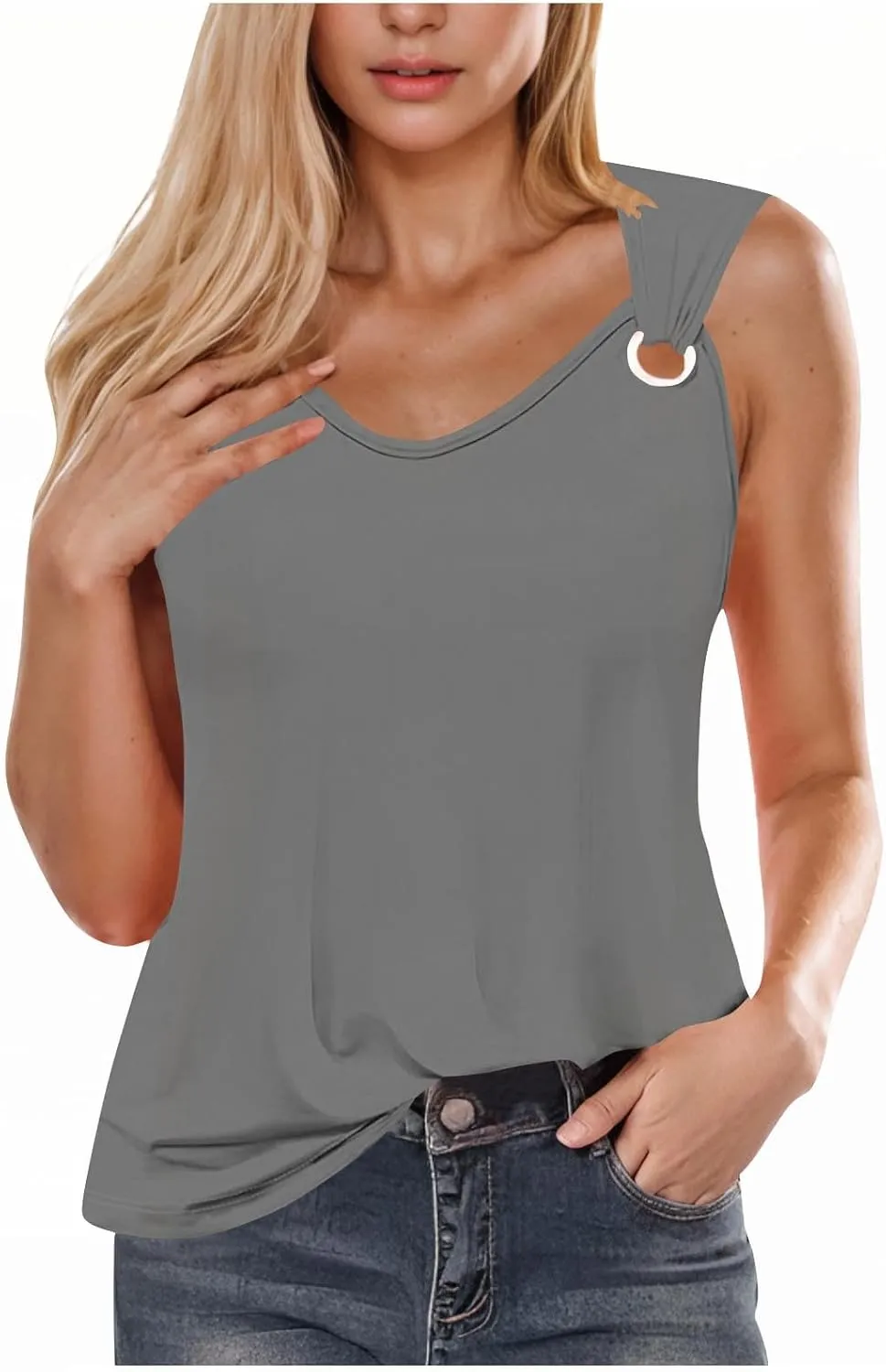 Womens O-Ring Shoulder Tank Tops 2025 Summer T Shirts Scoop Neck Sleeveless Casual Loose Blouses