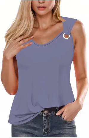 Womens O-Ring Shoulder Tank Tops 2025 Summer T Shirts Scoop Neck Sleeveless Casual Loose Blouses