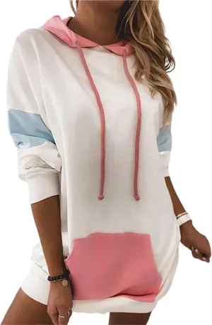 Womens Patchwork Hoodies Sweatshirts Drawstring Long Sleeve Pullover Tops Causal Loose Blouses with Pockets