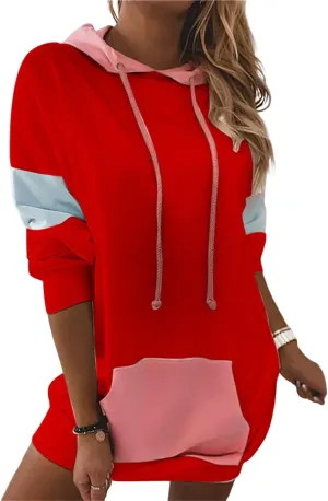 Womens Patchwork Hoodies Sweatshirts Drawstring Long Sleeve Pullover Tops Causal Loose Blouses with Pockets