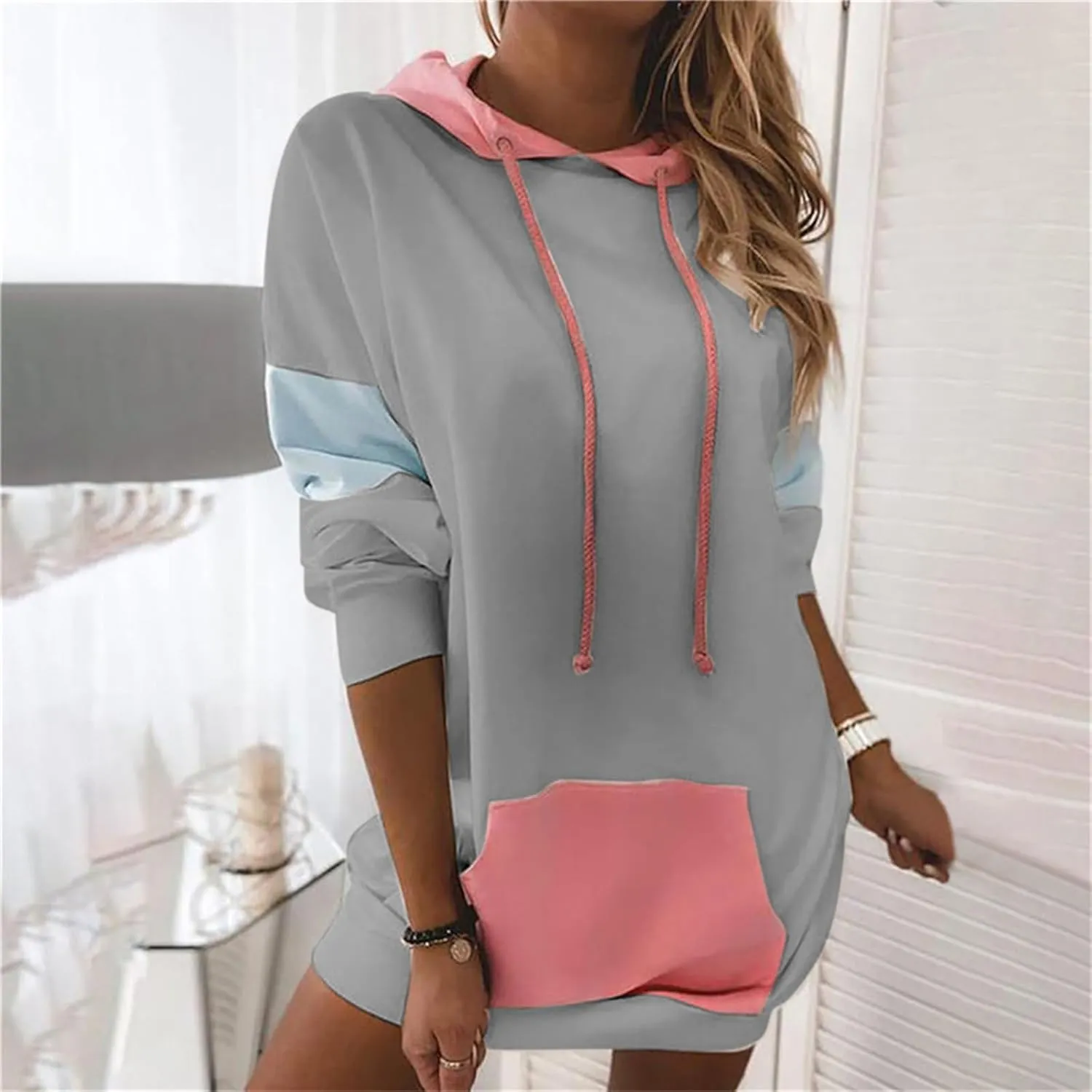 Womens Patchwork Hoodies Sweatshirts Drawstring Long Sleeve Pullover Tops Causal Loose Blouses with Pockets