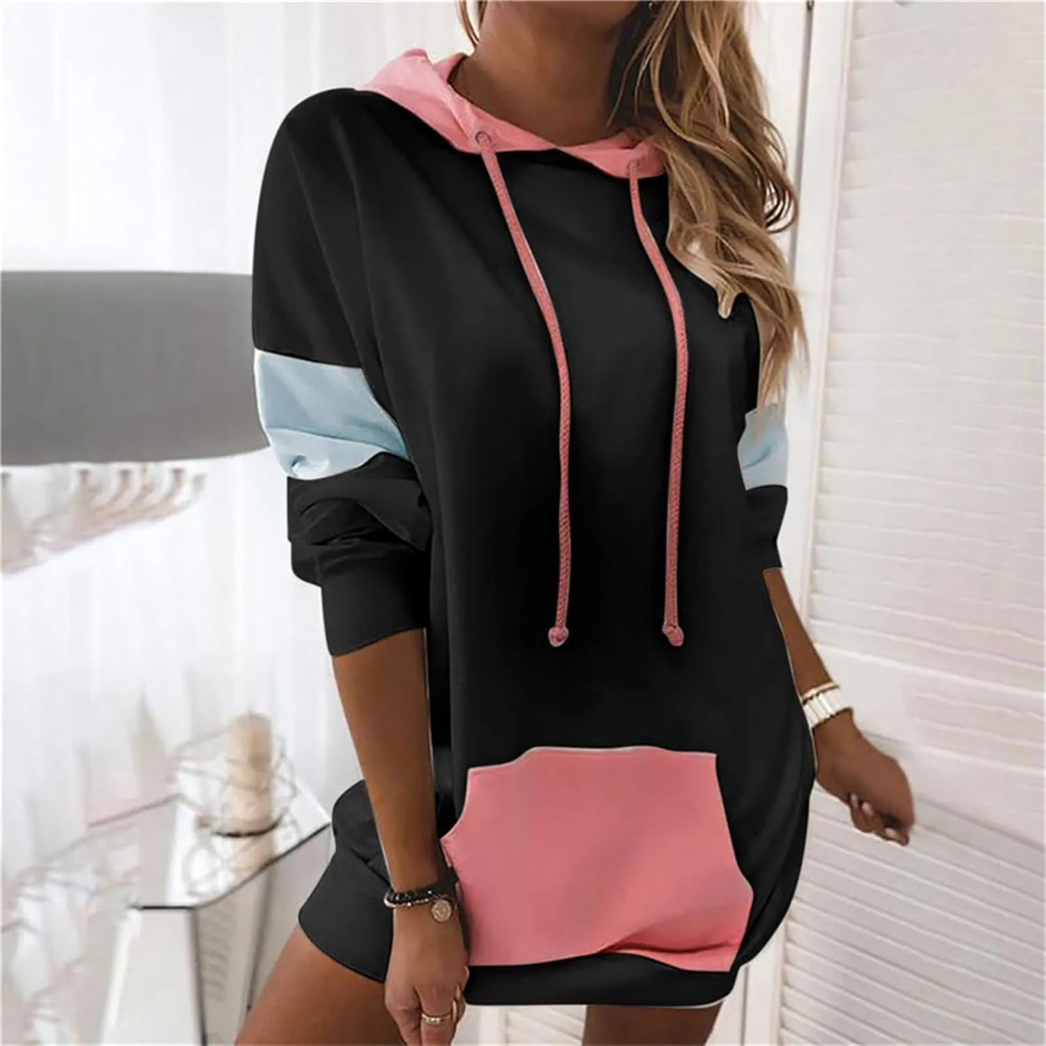 Womens Patchwork Hoodies Sweatshirts Drawstring Long Sleeve Pullover Tops Causal Loose Blouses with Pockets