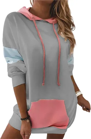 Womens Patchwork Hoodies Sweatshirts Drawstring Long Sleeve Pullover Tops Causal Loose Blouses with Pockets