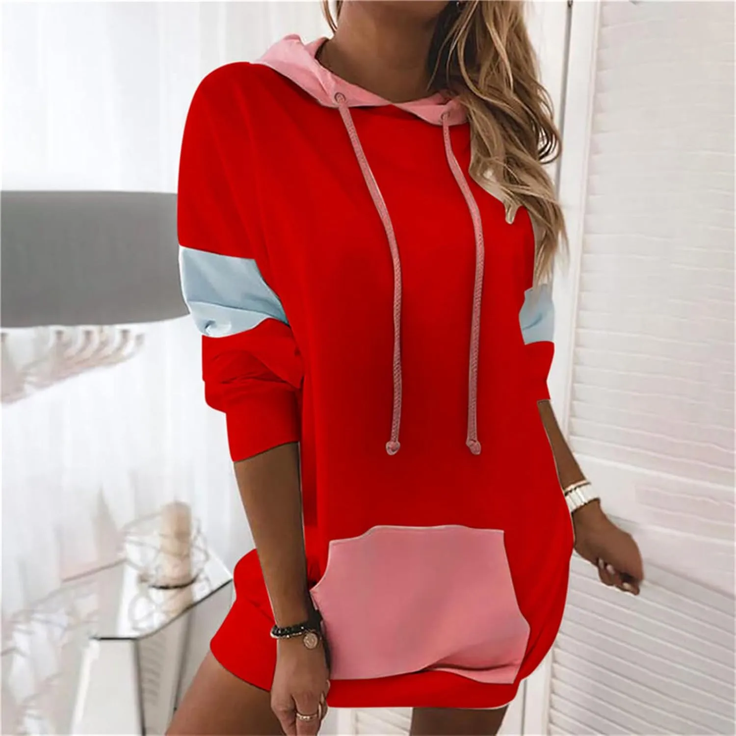 Womens Patchwork Hoodies Sweatshirts Drawstring Long Sleeve Pullover Tops Causal Loose Blouses with Pockets