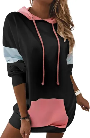 Womens Patchwork Hoodies Sweatshirts Drawstring Long Sleeve Pullover Tops Causal Loose Blouses with Pockets