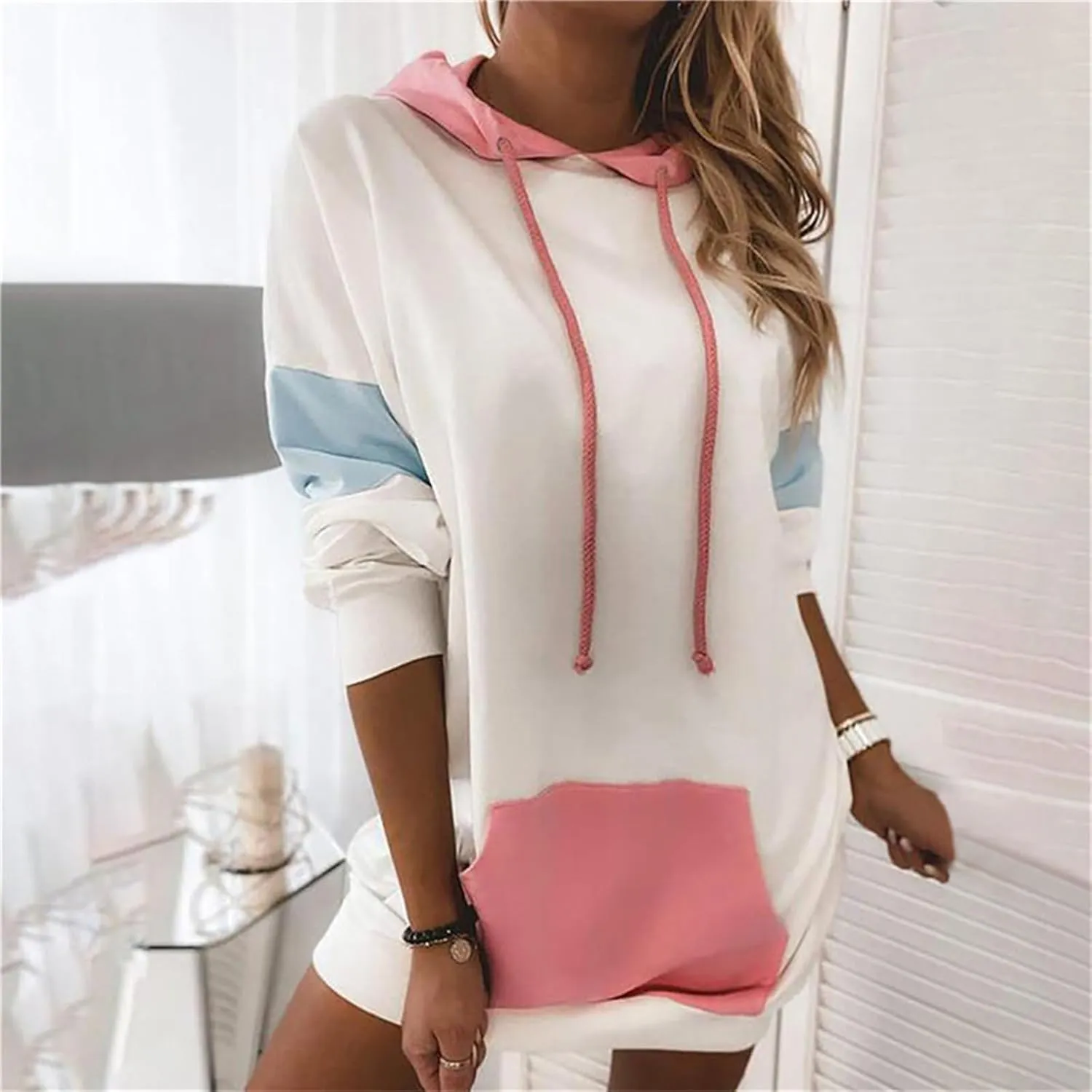 Womens Patchwork Hoodies Sweatshirts Drawstring Long Sleeve Pullover Tops Causal Loose Blouses with Pockets