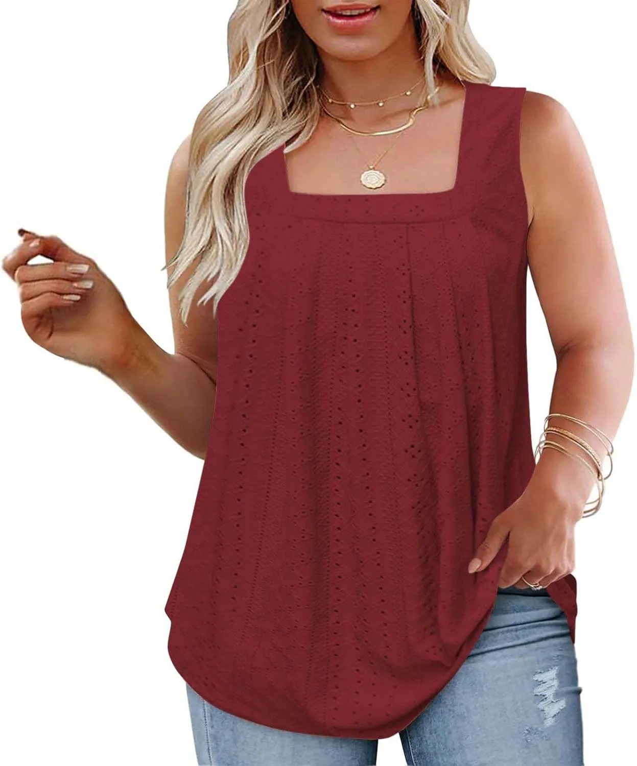 Women's Plus Size Eyelet Tees Tank Tops Cold Shoulder Casual Blouses Boho Style Relaxed Tops Trendy 2025 T Shirts