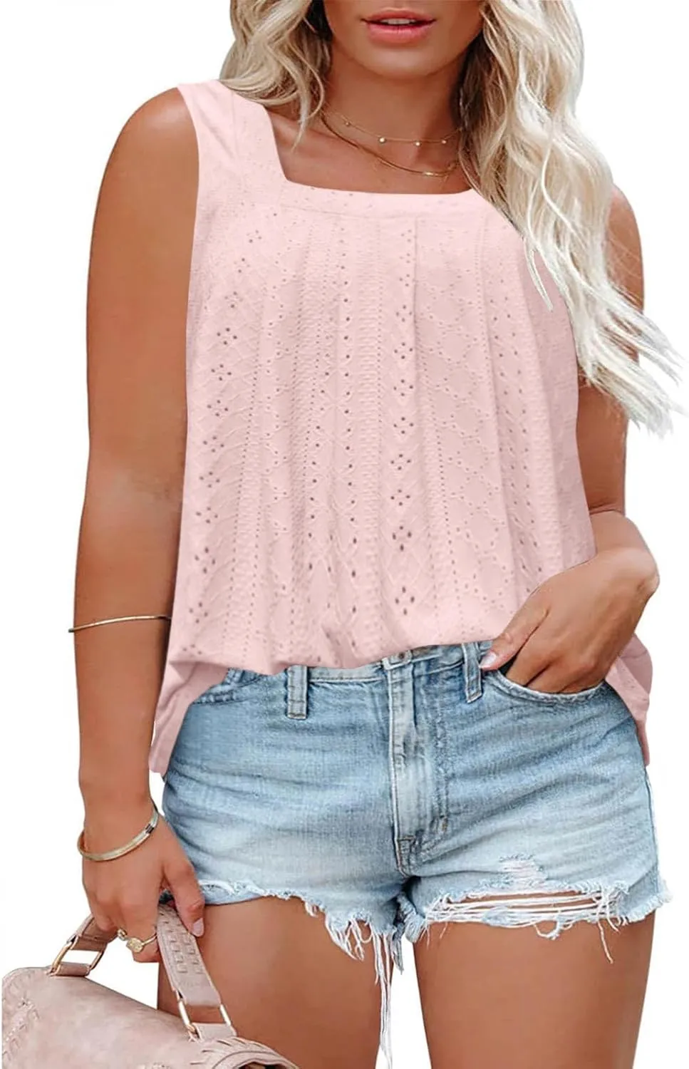 Women's Plus Size Eyelet Tees Tank Tops Cold Shoulder Casual Blouses Boho Style Relaxed Tops Trendy 2025 T Shirts