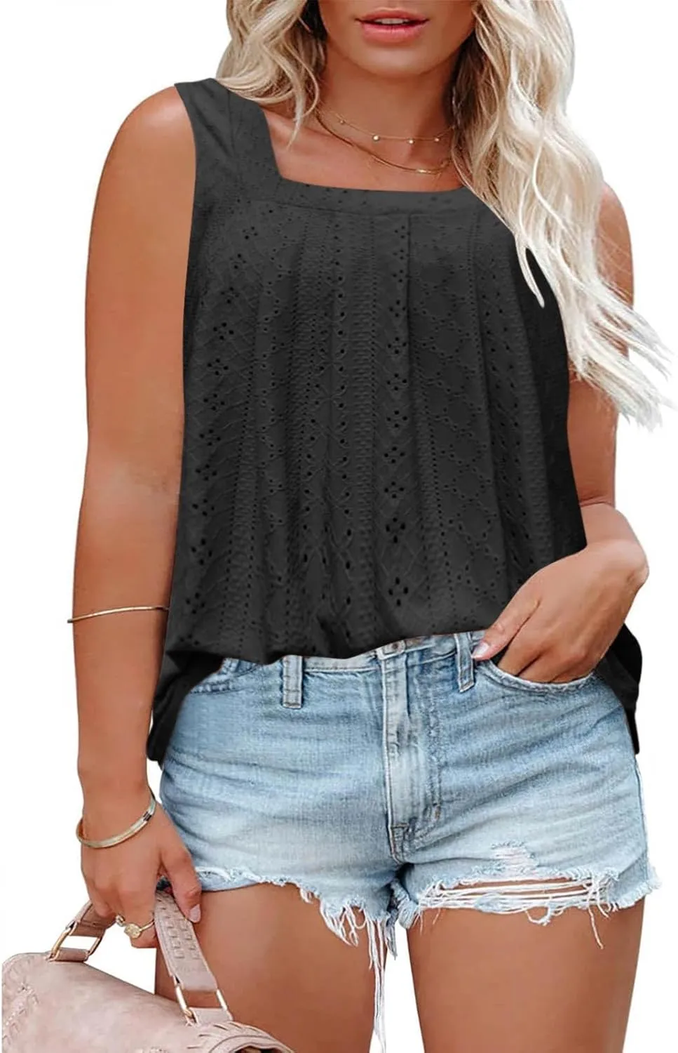 Women's Plus Size Eyelet Tees Tank Tops Cold Shoulder Casual Blouses Boho Style Relaxed Tops Trendy 2025 T Shirts