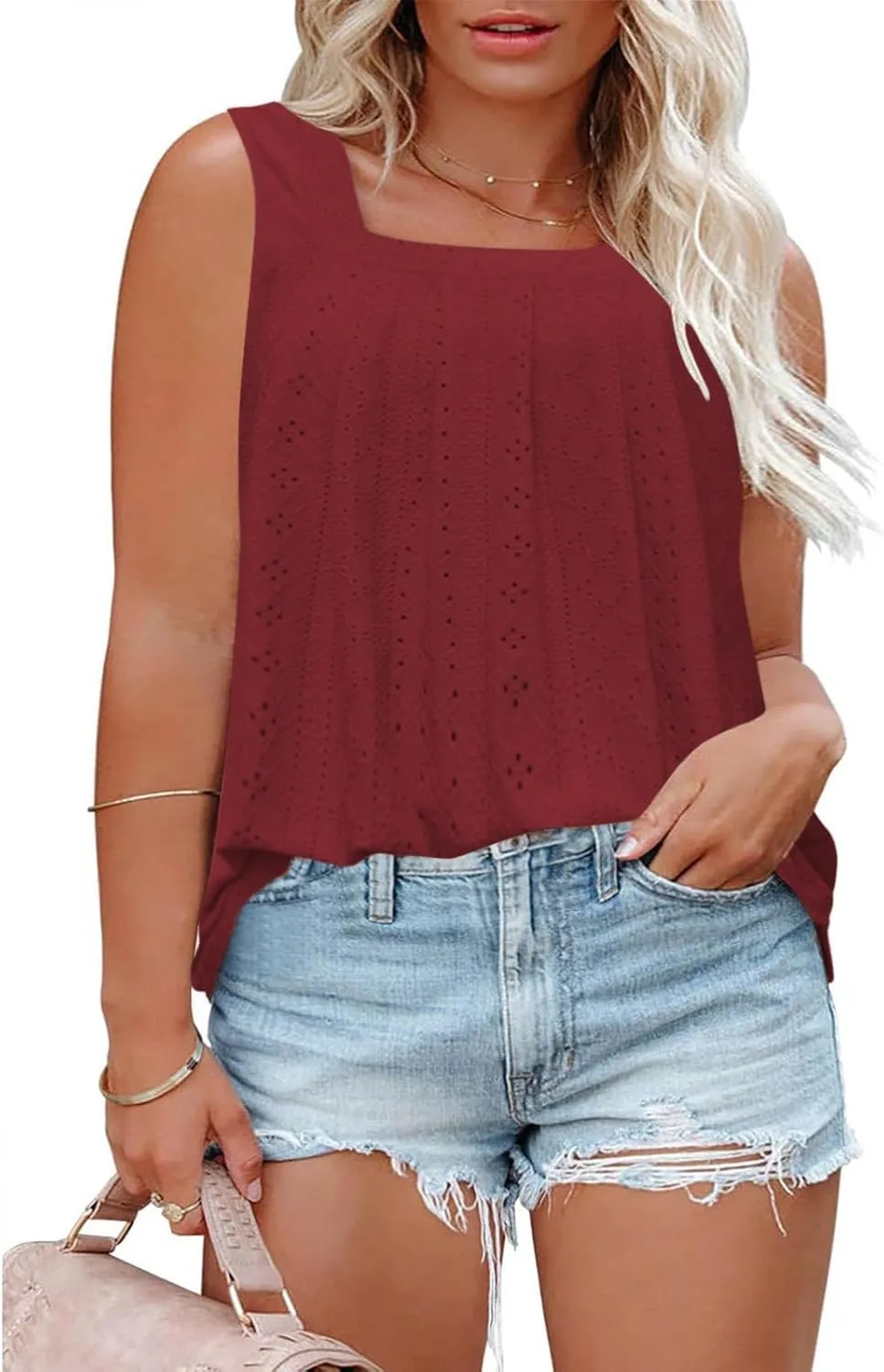 Women's Plus Size Eyelet Tees Tank Tops Cold Shoulder Casual Blouses Boho Style Relaxed Tops Trendy 2025 T Shirts