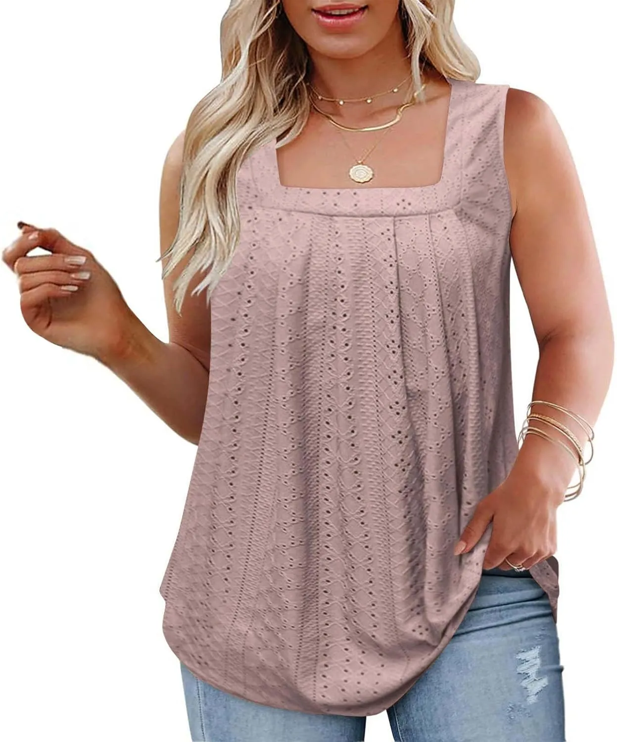 Women's Plus Size Eyelet Tees Tank Tops Cold Shoulder Casual Blouses Boho Style Relaxed Tops Trendy 2025 T Shirts
