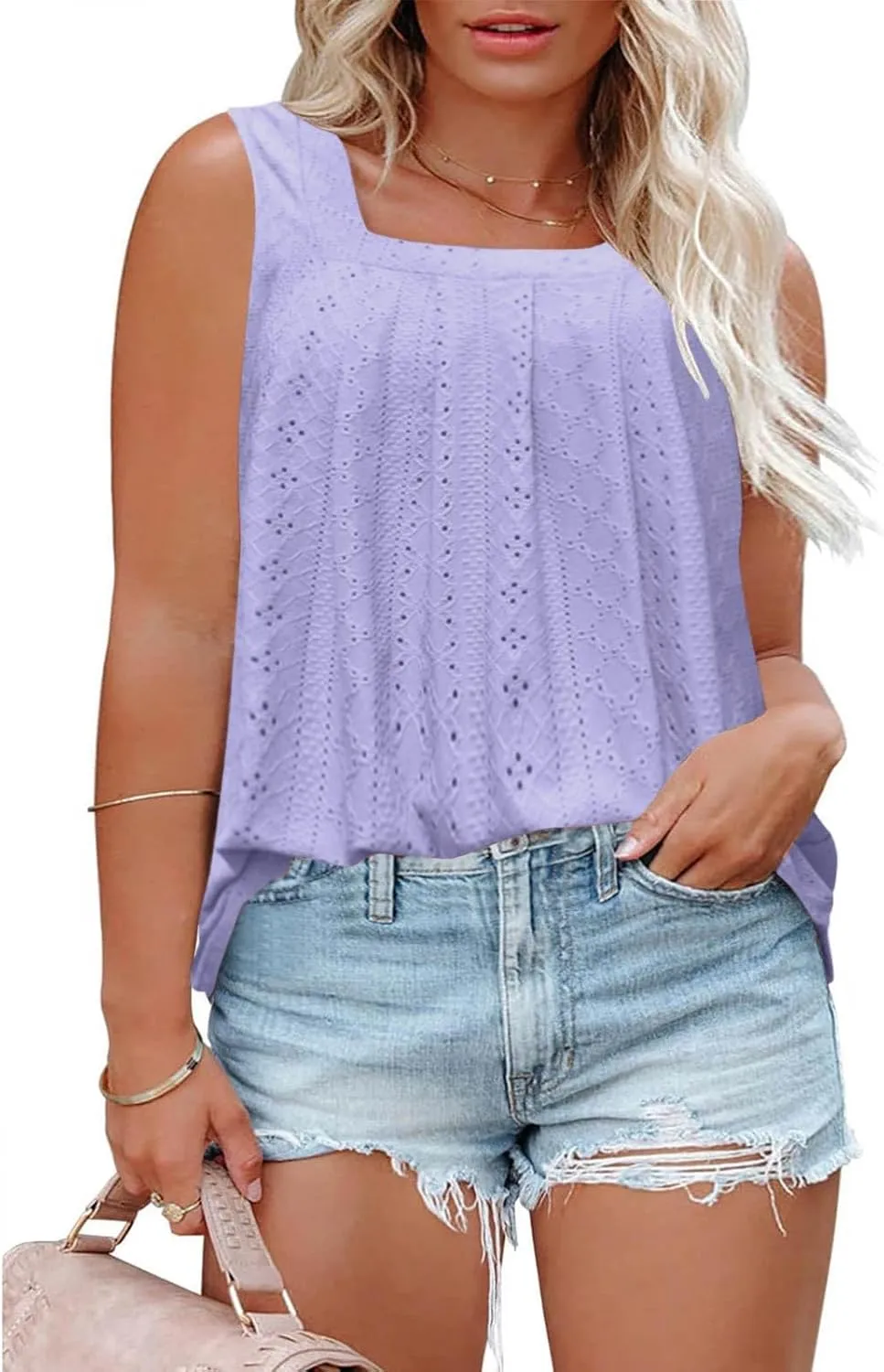 Women's Plus Size Eyelet Tees Tank Tops Cold Shoulder Casual Blouses Boho Style Relaxed Tops Trendy 2025 T Shirts