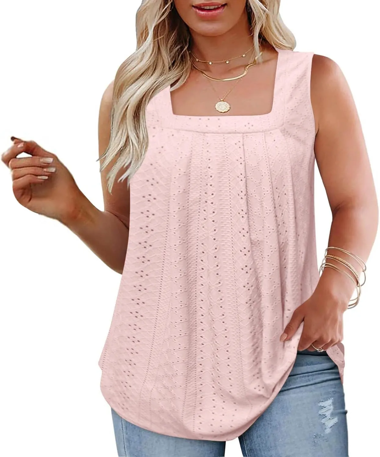 Women's Plus Size Eyelet Tees Tank Tops Cold Shoulder Casual Blouses Boho Style Relaxed Tops Trendy 2025 T Shirts