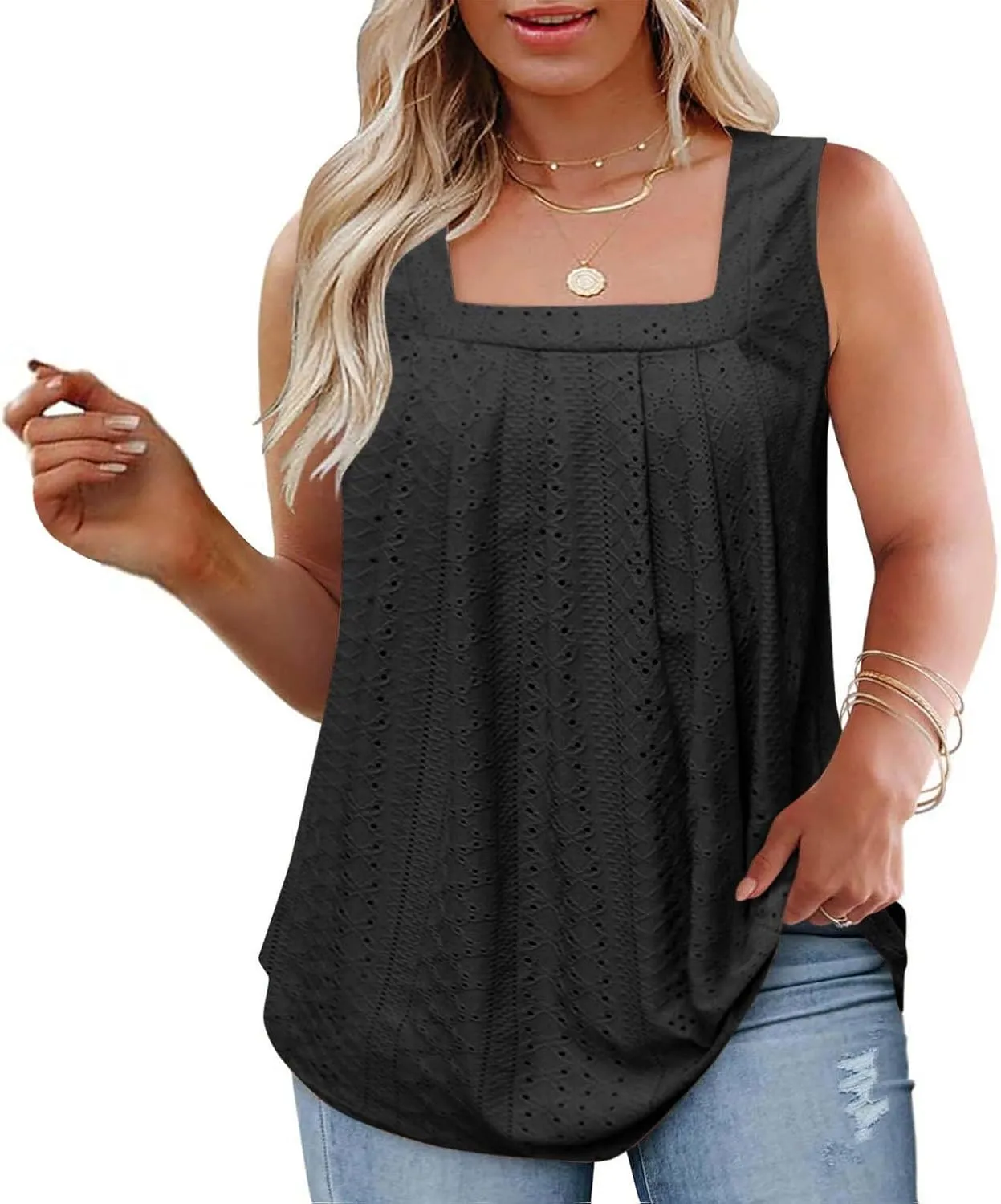 Women's Plus Size Eyelet Tees Tank Tops Cold Shoulder Casual Blouses Boho Style Relaxed Tops Trendy 2025 T Shirts