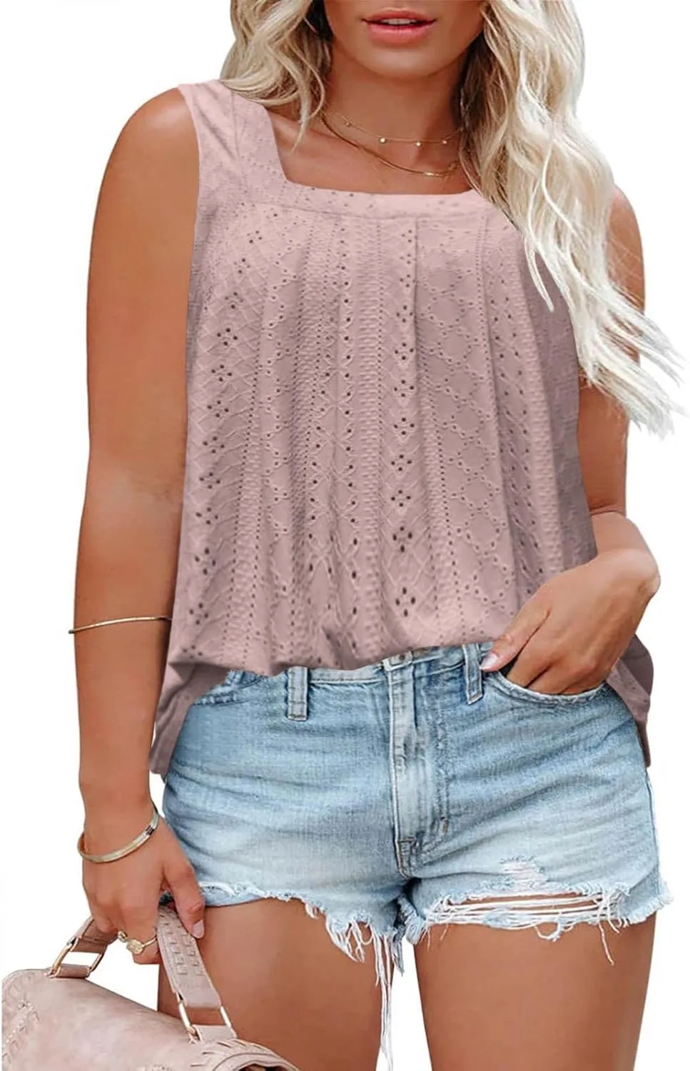 Women's Plus Size Eyelet Tees Tank Tops Cold Shoulder Casual Blouses Boho Style Relaxed Tops Trendy 2025 T Shirts