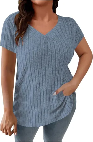 Women's Plus Size Tops Short Sleeve V Neck T Shirts Casual Loose Blouses Tunic Soft Comfortable Summer Tops