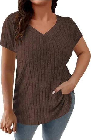 Women's Plus Size Tops Short Sleeve V Neck T Shirts Casual Loose Blouses Tunic Soft Comfortable Summer Tops