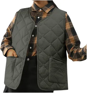Women's Quilted Vest 2024 Winter V Neck Button Down Sleeveless Jacket Solid Color Light Down Outerwear with Pockets
