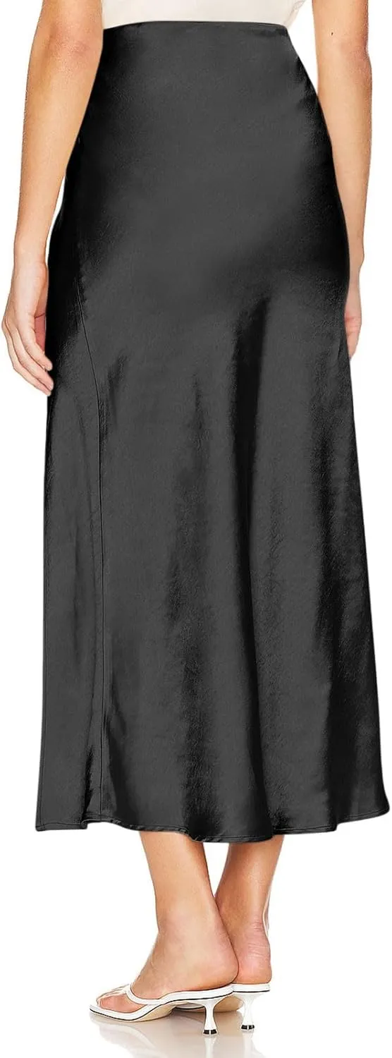 Women's Satin High Waisted Side Split Maxi Skirt Elastic Waistband Zipper Long Skirts A-Line Cocktail Work Skirt