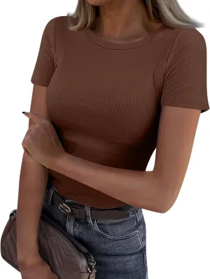 Womens Short Sleeve Tops Stretch Crewneck Ribbed T-Shirt Slim Fit Casual Summer Basic Tees