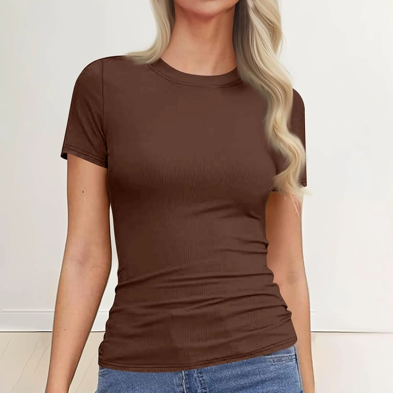 Womens Short Sleeve Tops Stretch Crewneck Ribbed T-Shirt Slim Fit Casual Summer Basic Tees