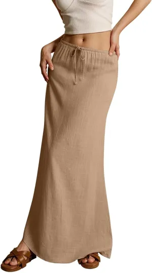 Womens Skirts Beach Long Flowy Skirts Plus Size Linen Maxi Skirt with Slit Comfy Drawstring Low Rise Summer