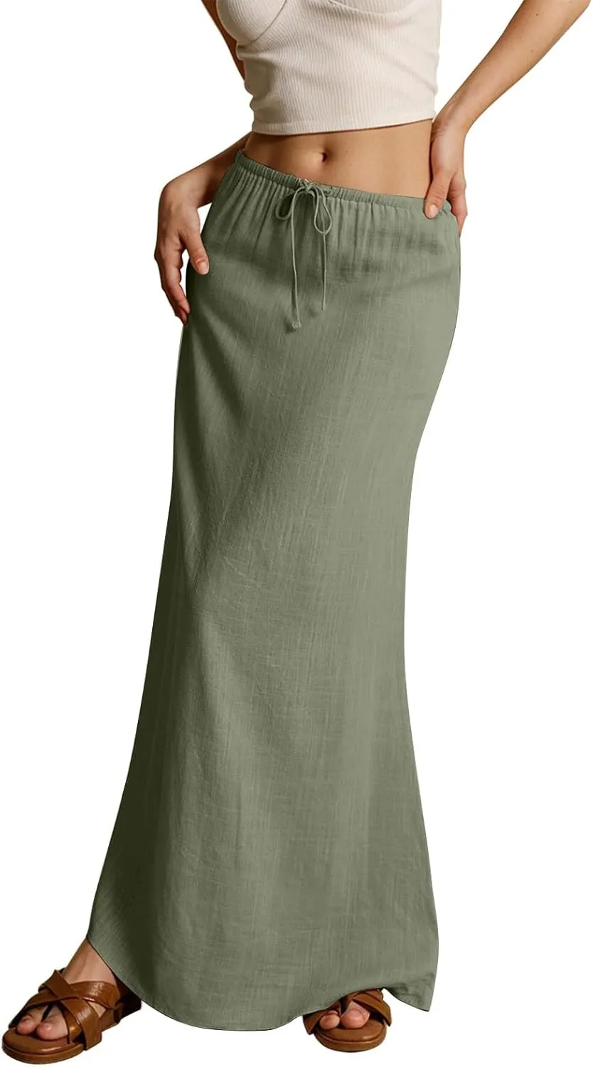 Womens Skirts Beach Long Flowy Skirts Plus Size Linen Maxi Skirt with Slit Comfy Drawstring Low Rise Summer