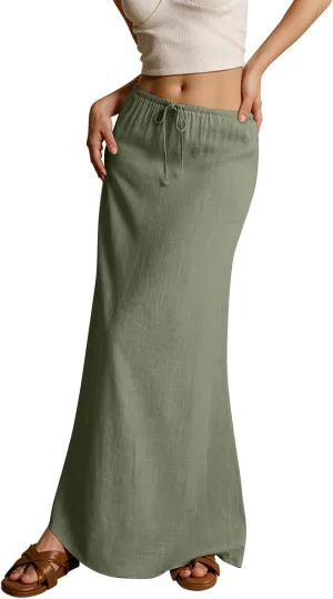 Womens Skirts Beach Long Flowy Skirts Plus Size Linen Maxi Skirt with Slit Comfy Drawstring Low Rise Summer