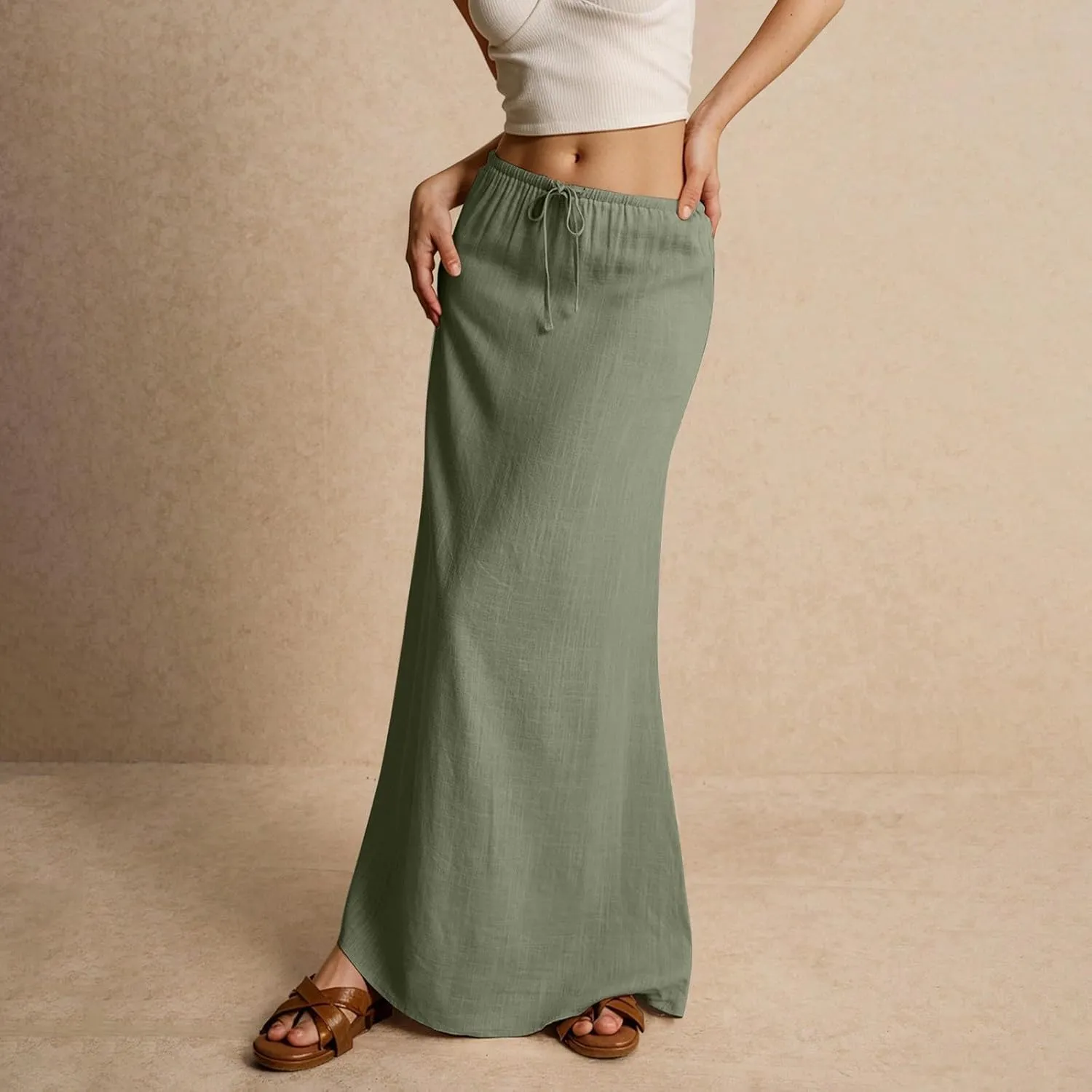 Womens Skirts Beach Long Flowy Skirts Plus Size Linen Maxi Skirt with Slit Comfy Drawstring Low Rise Summer
