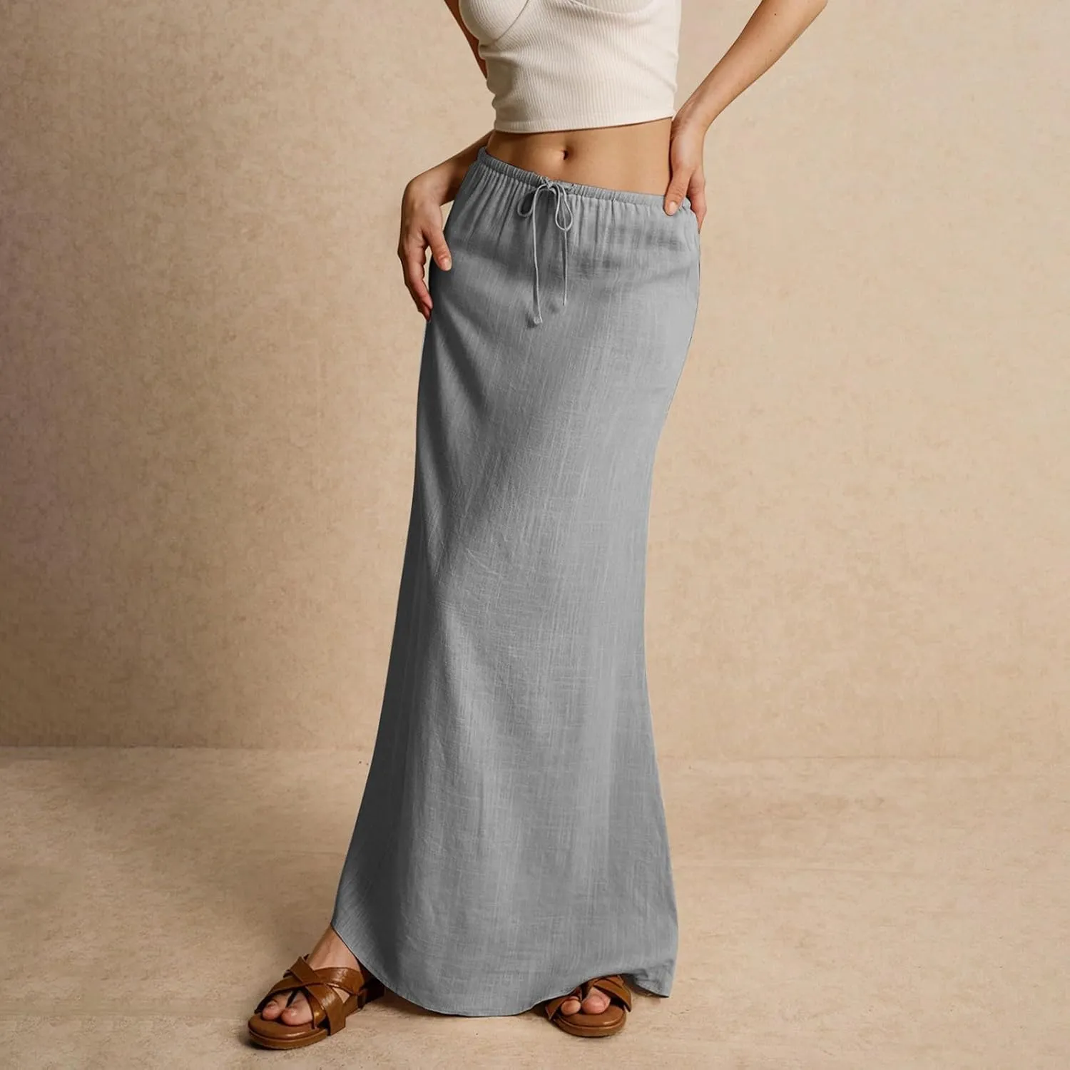 Womens Skirts Beach Long Flowy Skirts Plus Size Linen Maxi Skirt with Slit Comfy Drawstring Low Rise Summer