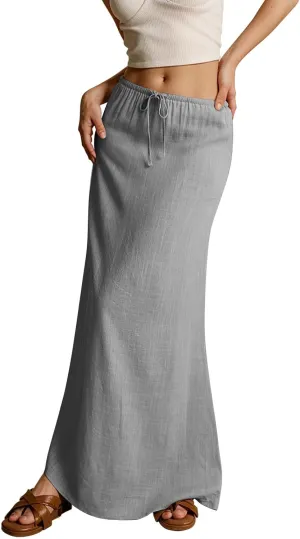 Womens Skirts Beach Long Flowy Skirts Plus Size Linen Maxi Skirt with Slit Comfy Drawstring Low Rise Summer