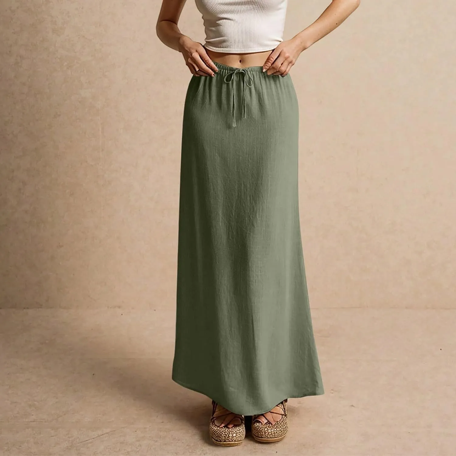 Womens Skirts Beach Long Flowy Skirts Plus Size Linen Maxi Skirt with Slit Comfy Drawstring Low Rise Summer