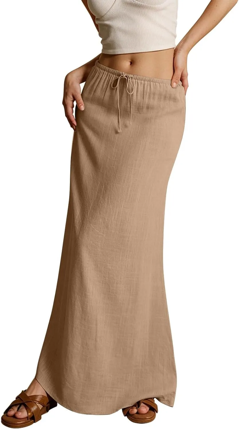 Womens Skirts Beach Long Flowy Skirts Plus Size Linen Maxi Skirt with Slit Comfy Drawstring Low Rise Summer