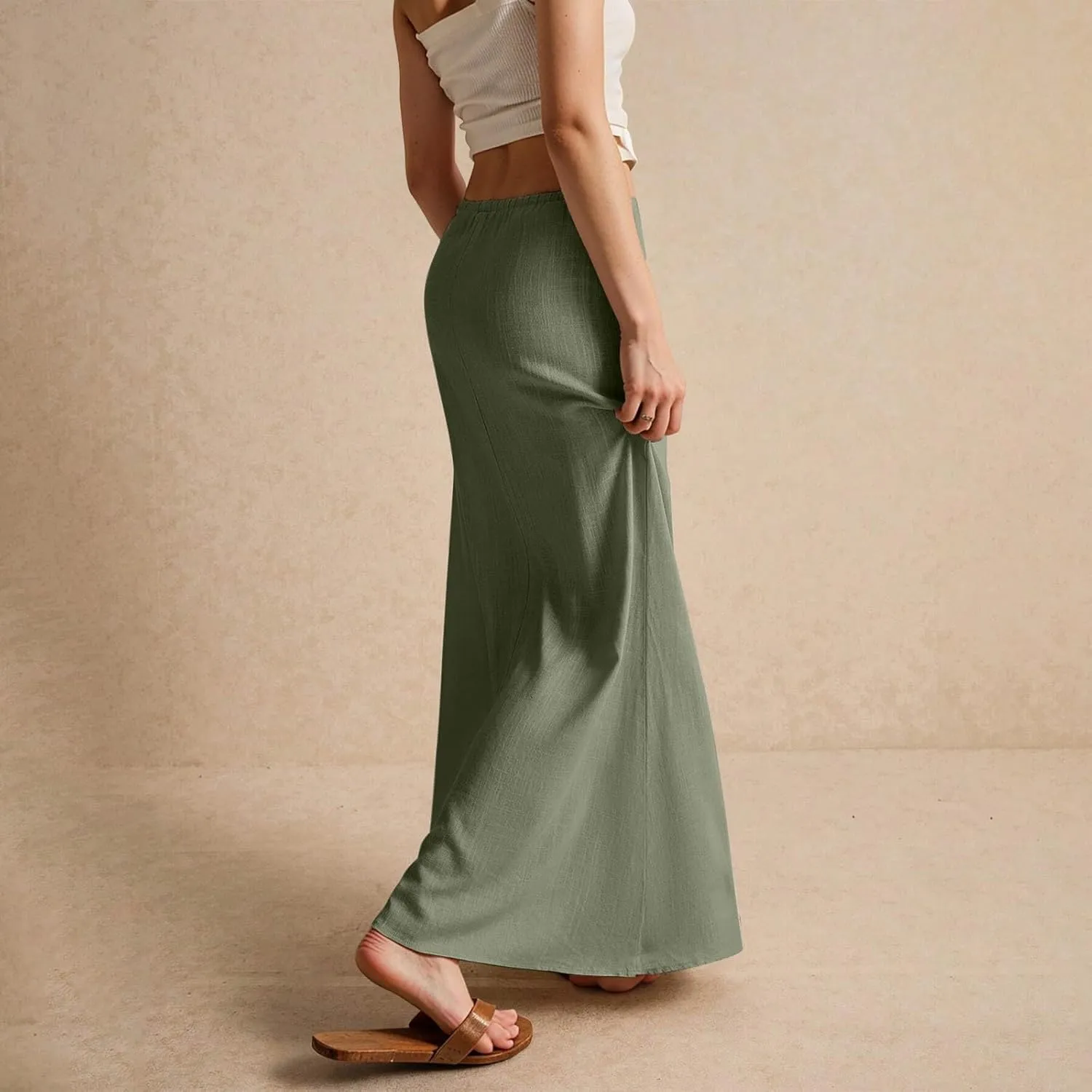 Womens Skirts Beach Long Flowy Skirts Plus Size Linen Maxi Skirt with Slit Comfy Drawstring Low Rise Summer
