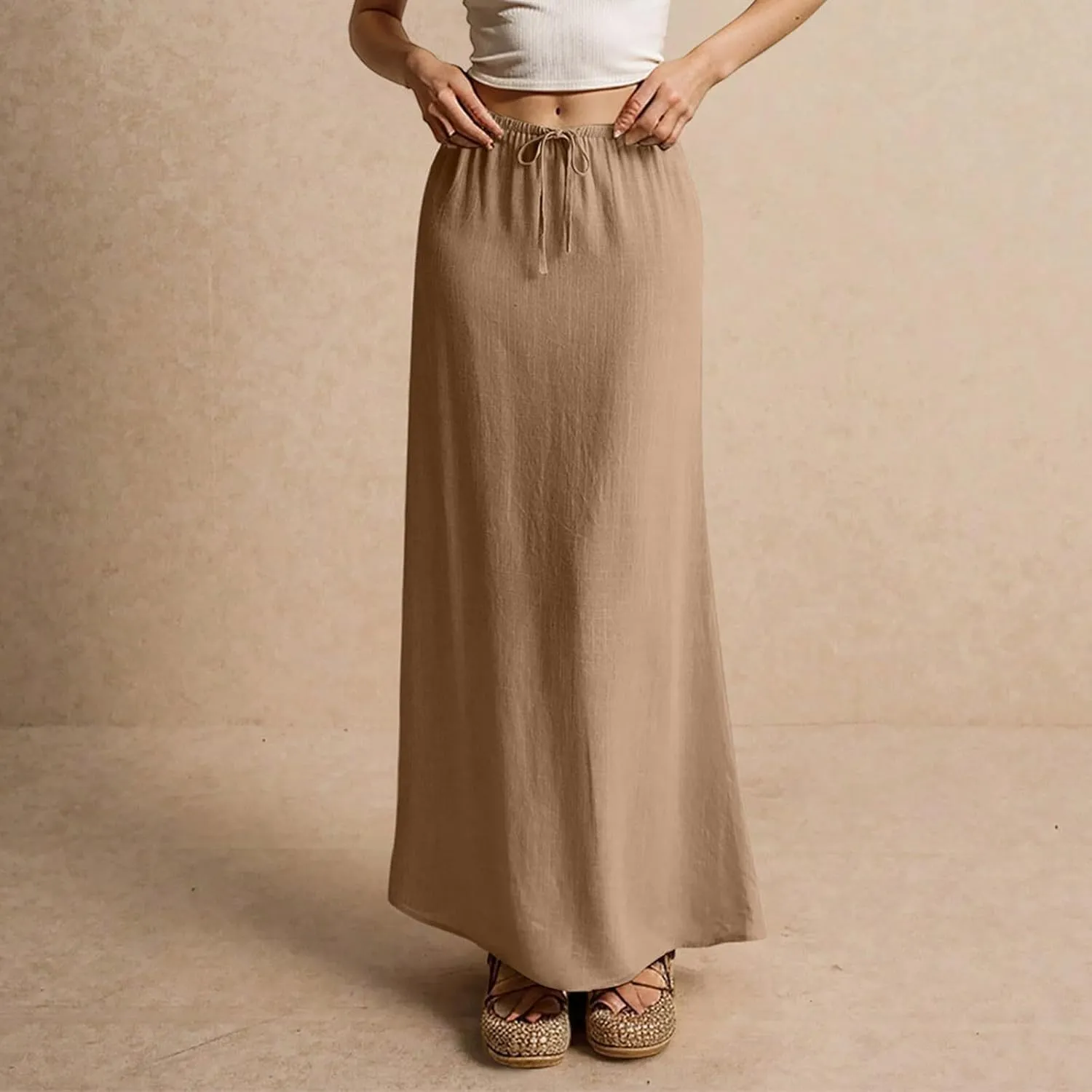Womens Skirts Beach Long Flowy Skirts Plus Size Linen Maxi Skirt with Slit Comfy Drawstring Low Rise Summer