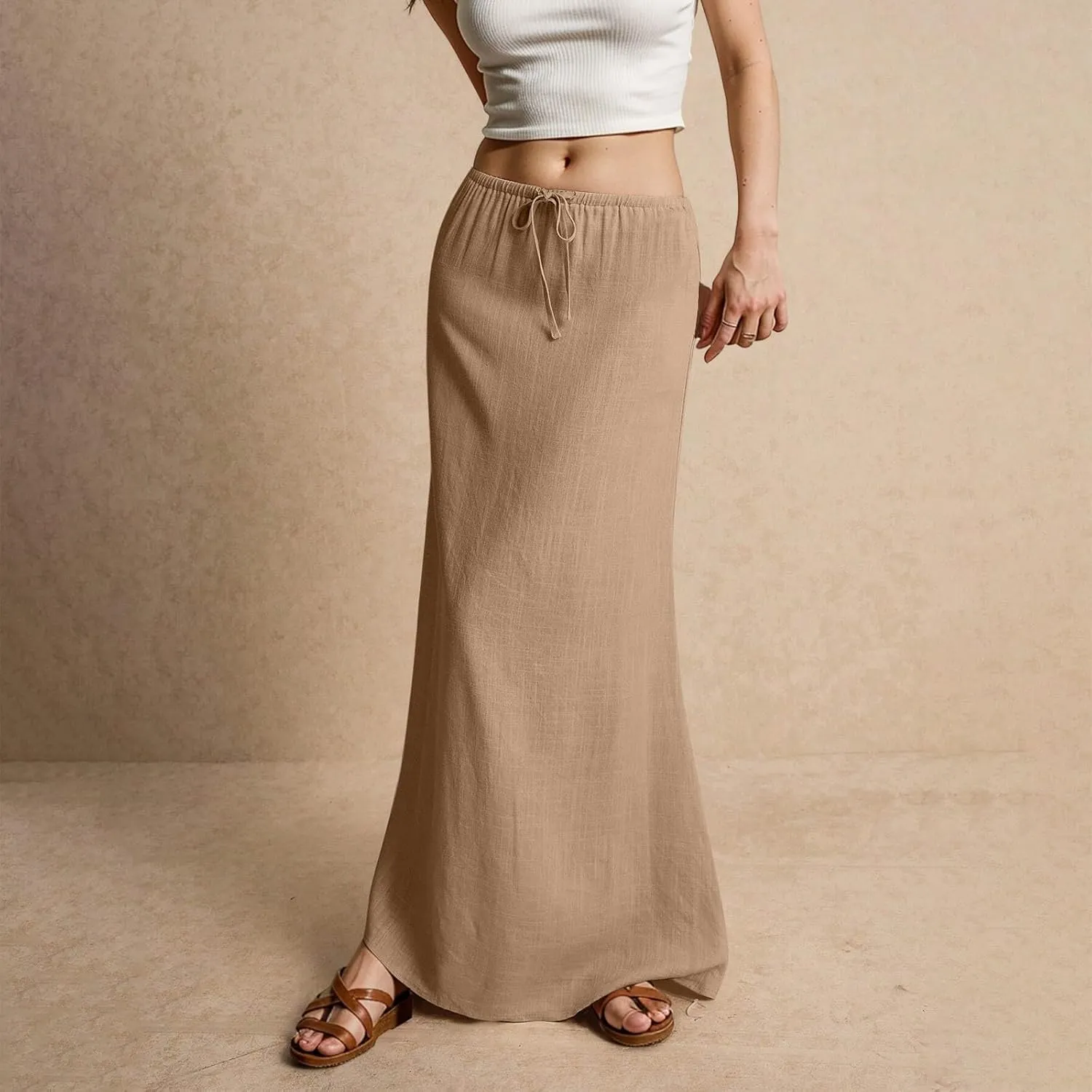 Womens Skirts Beach Long Flowy Skirts Plus Size Linen Maxi Skirt with Slit Comfy Drawstring Low Rise Summer