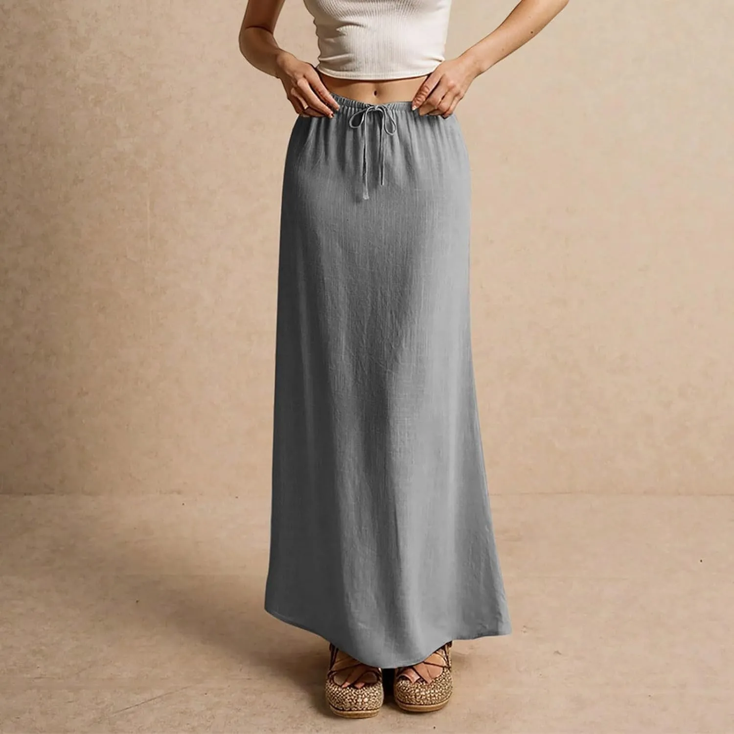 Womens Skirts Beach Long Flowy Skirts Plus Size Linen Maxi Skirt with Slit Comfy Drawstring Low Rise Summer