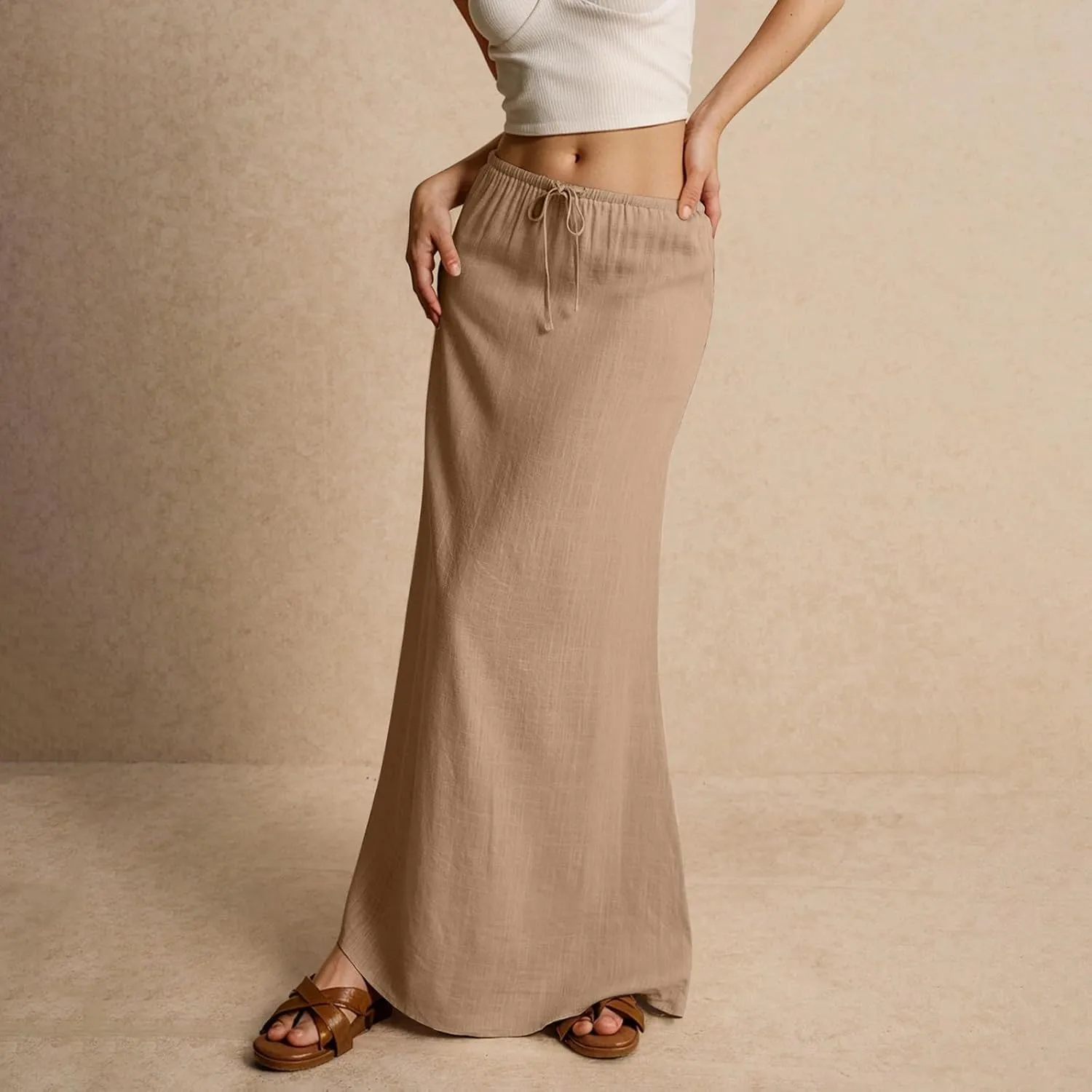 Womens Skirts Beach Long Flowy Skirts Plus Size Linen Maxi Skirt with Slit Comfy Drawstring Low Rise Summer