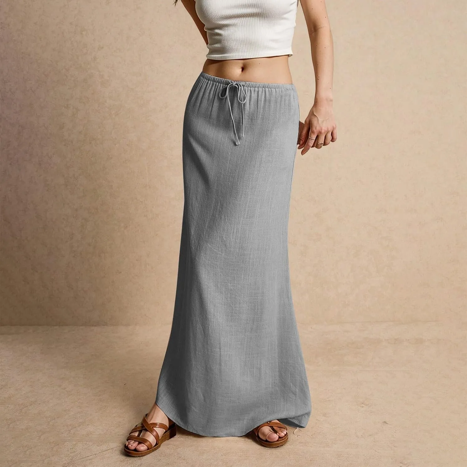 Womens Skirts Beach Long Flowy Skirts Plus Size Linen Maxi Skirt with Slit Comfy Drawstring Low Rise Summer