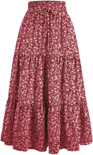 Women's Smocked High Waist Maxi Boho Skirts Casual Beach Vacation Long Skirt with Pockets A-Line Flowy Swing Skirts